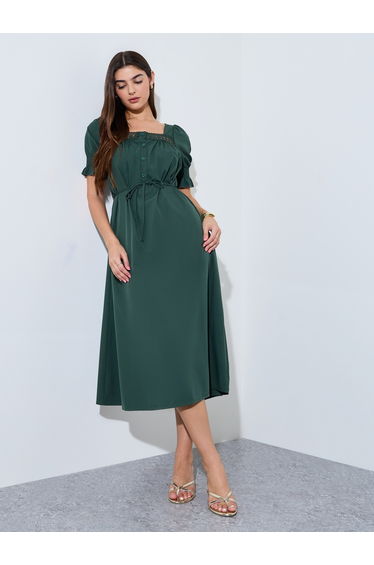 Dark Green Square Neck A-Line Midi Dress