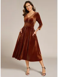 ever ARLET|Long Sleeve High Stretch Velvet Tea Length Wedding Guest Dress - 2