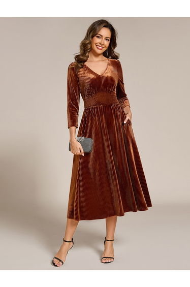 ever ARLET|Long Sleeve High Stretch Velvet Tea Length Wedding Guest Dress
