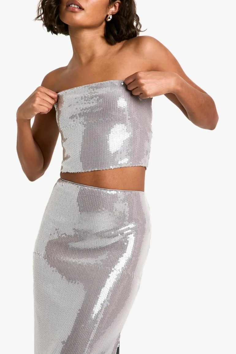 Tall Sequin Bandeau And Maxi Skirt Co-ord - silver - 3