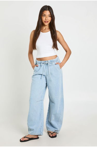 Elasticated Waistband Barrel Jean - bleach wash