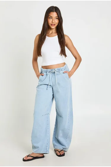 Elasticated Waistband Barrel Jean - bleach wash