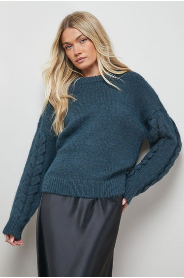 Cable Knit Sleeve Crew Neck Cosy Jumper