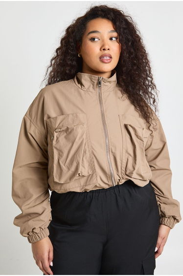 Plus Funnel Neck Cropped Utility Jacket - mushroom