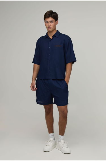 Linen Embroidered French Riviera Oversized Boxy Shirt & Baggy Shorts Set - navy
