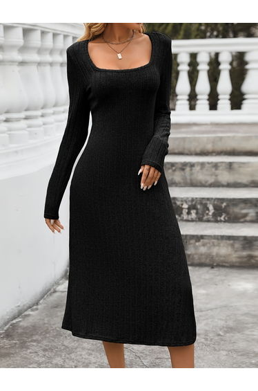 Women Solid Square Neck Midi Dress