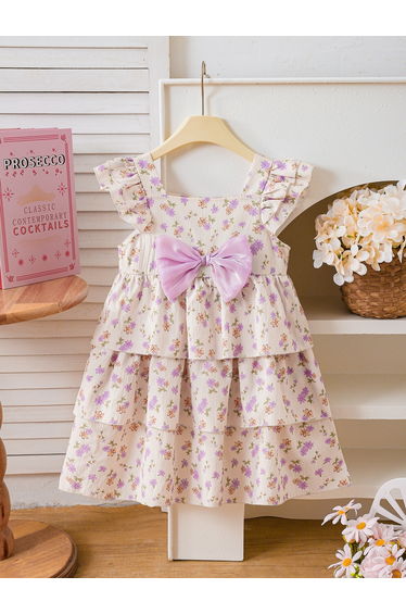 Girls Floral Print Frill Sleeve Ruffled Hem Dress