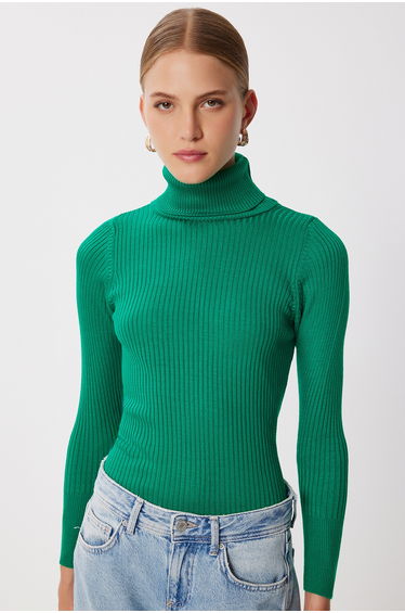 Women's Vivid Green Turtleneck Ribbed Lycra Sweater
