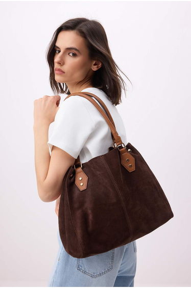 Brown Genuine Suede Medium Size Women's Shoulder Bag
