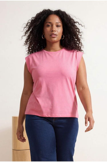 Pink 100% Cotton Padded Look Crew Neck Knitted Oversize T-Shirt