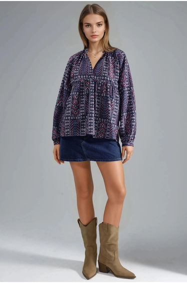 Balloon Sleeve Patterned Blouse