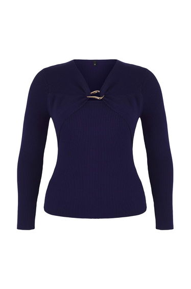 Navy Blue Accessory Detailed Premium/Special Yarn Ribbed Knitwear Sweater