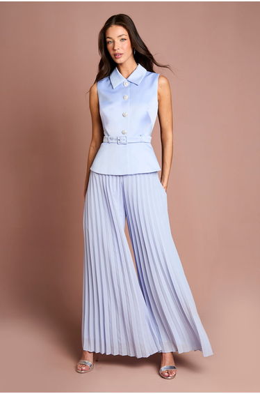 Collared Peplum Pleated Georgette Trouser Jumpsuit