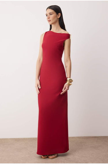 Burgundy accessory detailed asymmetric neckline woven maxi chic evening night graduation dress