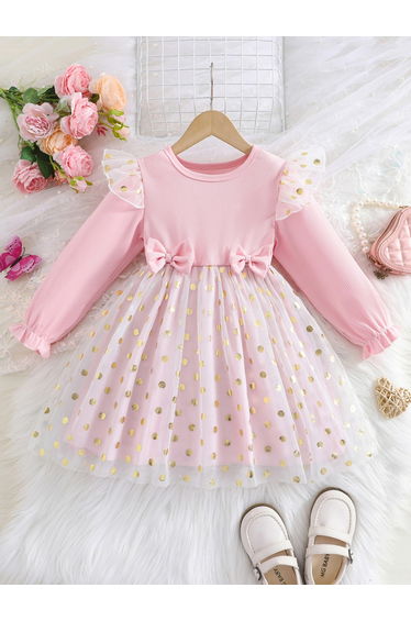 Bow Detail Ruffled Long Sleeve Mesh Dress