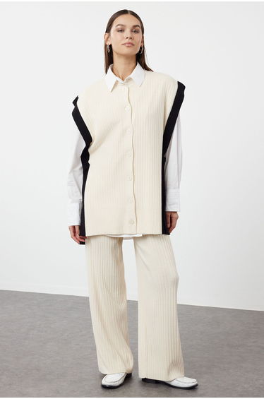 Stone Color Block Slit Detailed Vest-Pants Knitwear Bottom-Top Set