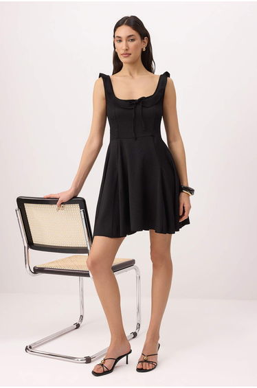 Black Floral Waist Cutout Scoop Neck Sleeveless Ruffle Mini Textured Knitted Dress