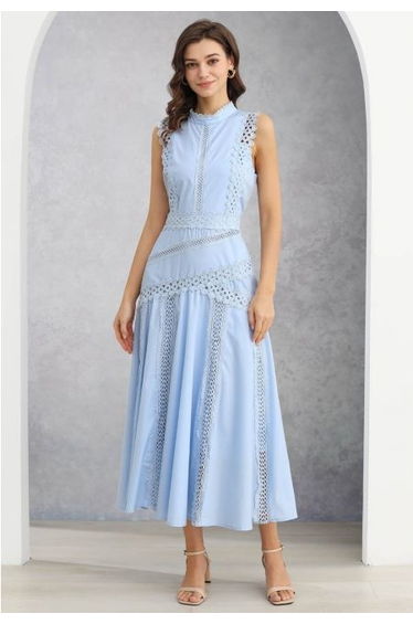 Dive into Elegance Lace Panelled Sleeveless Dress in Baby Blue