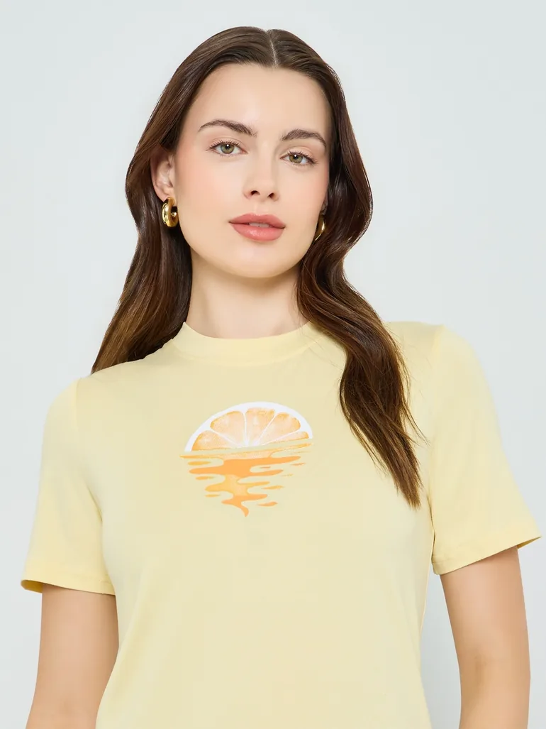 Yellow Graphic Print Round Neck T-Shirt - 1