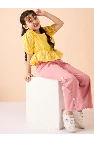 Girls Yellow Cotton Schiffli Top