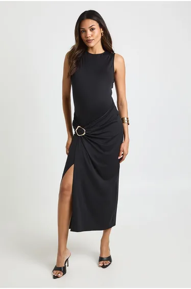 Maternity Ruched Wrap Gold Detail Midaxi Dress - black