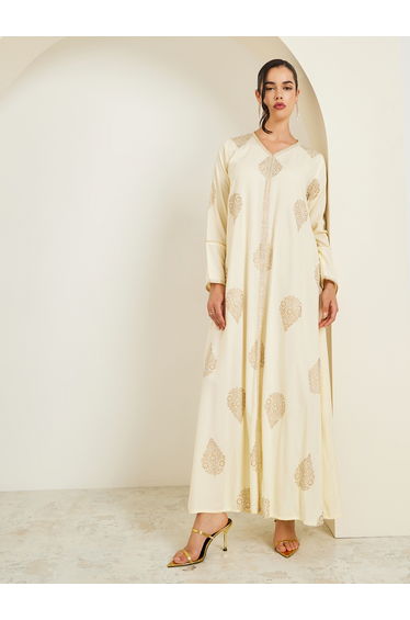 Women Cream Gold Paisley Print Jalabiya