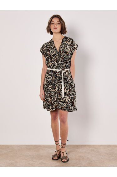 Leaf Print Rope Belt Mini Dress