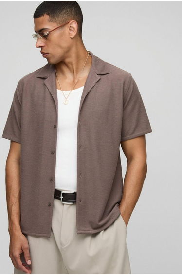 Regular Fit Honeycomb Waffle Revere Shirt - taupe