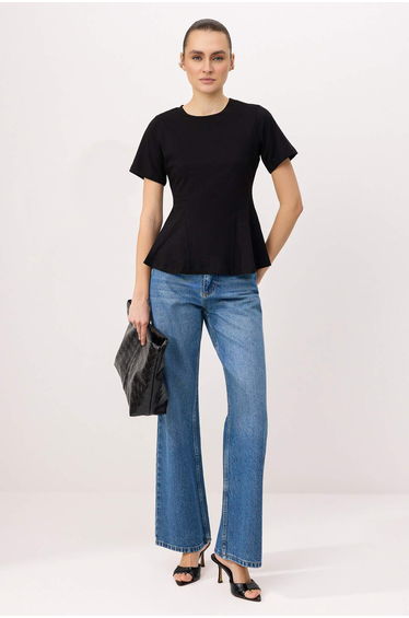 Black Plain Peplum Crew Neck Standard Sleeve Short %100 Cotton Knitted Blouse