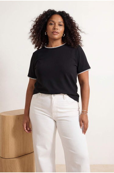 Black 100% Cotton Contrast Stitching Detailed Crew Neck Knitted Oversize T-Shirt