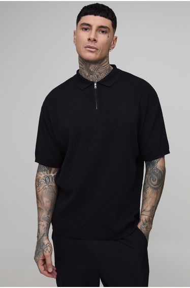 Tall Oversized Boxy 1/4 Zip Cotton Blend Knitted Polo - black