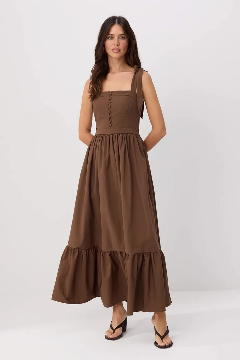 Brown Cotton Lace Strap Maxi Woven Dress - 1