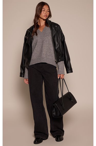 Light Grey Ribbed Collar V Neck Slouchy Jumper