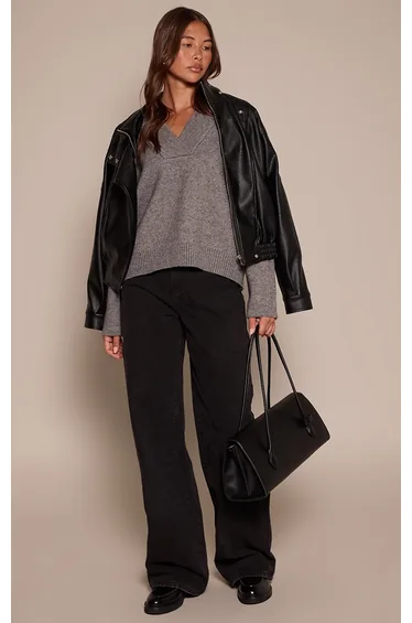 كنزة فضفاضة مضلعة بياقة V - رمادي