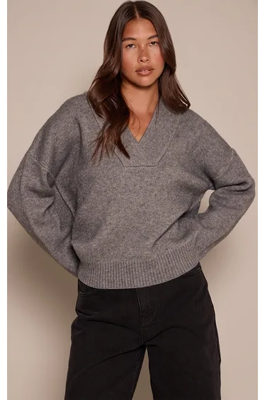 كنزة فضفاضة مضلعة بياقة V - رمادي