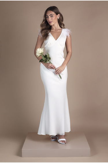 Feather Shoulder Detail V Neck Satin Wedding Dress