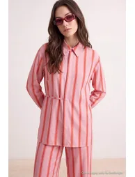 Pink Red Poplin Striped Shirt Pants Bottom - Top Set - 7