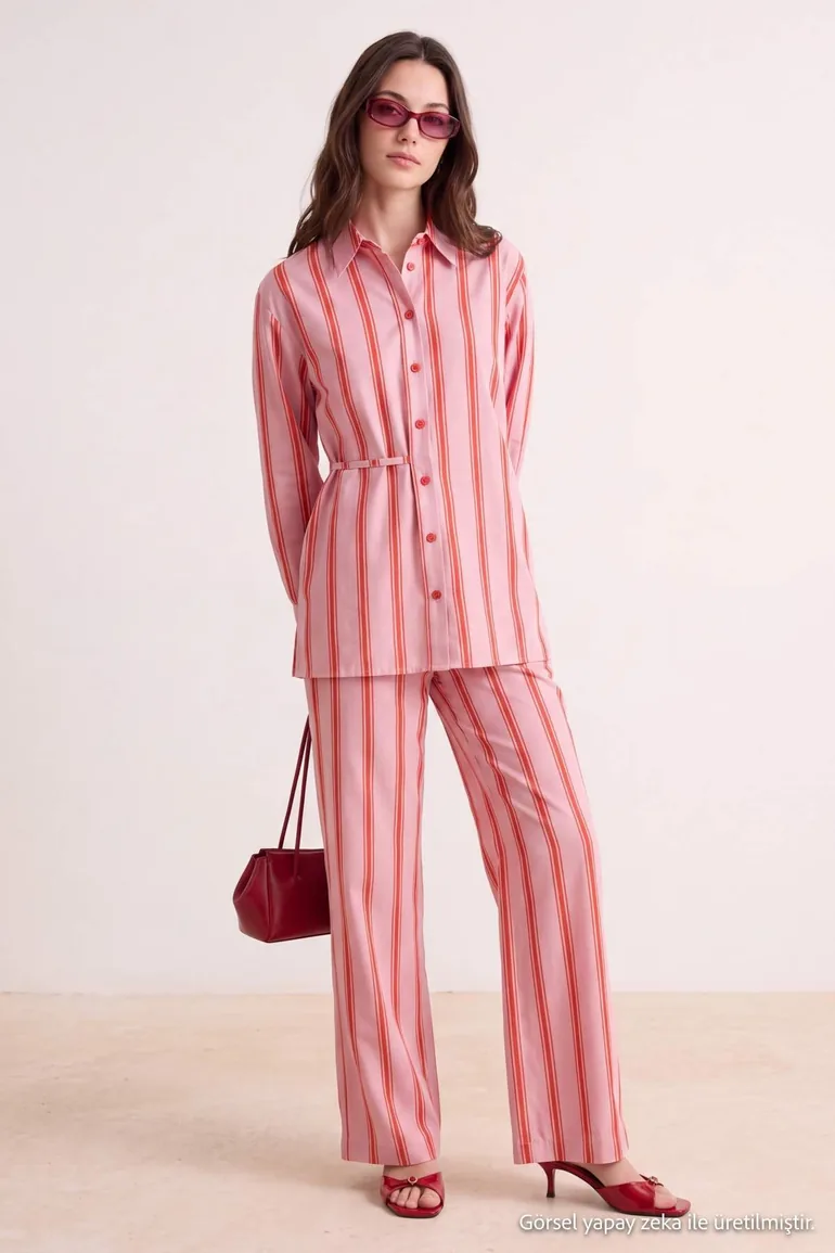 Pink Red Poplin Striped Shirt Pants Bottom - Top Set
