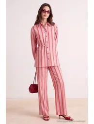 Pink Red Poplin Striped Shirt Pants Bottom - Top Set