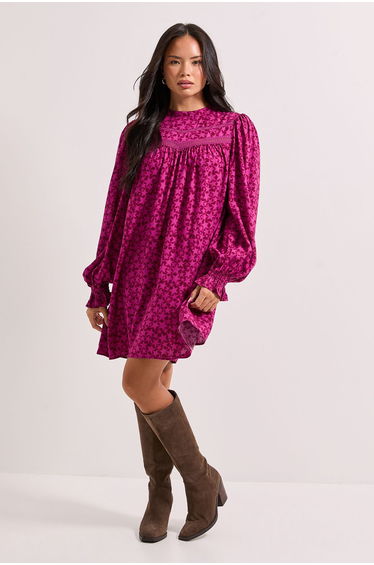 Lace Star Detail Printed Boho Mini Dress
