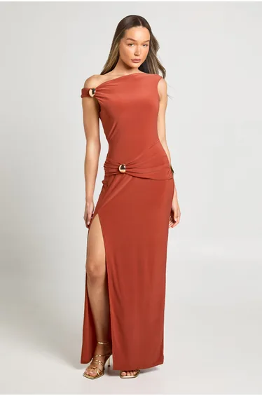 Slinky Gold Trim Detail Asym Neck Maxi Dress - rust