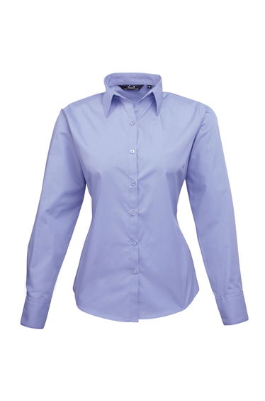 Premier Womens/Ladies Poplin Long Sleeve Blouse / Plain Work Shirt - Mid blue