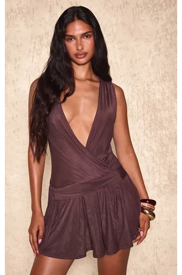 Chocolate Mesh Plunge Frill Hem Mini Dress