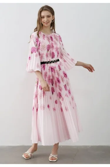 Blossoming Day Watercolor Pleated Maxi Dress in Pink