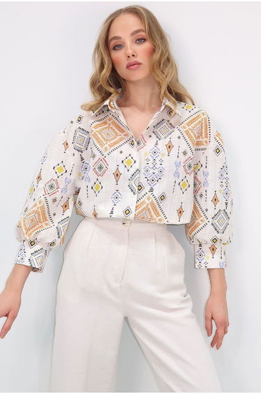 Women's Beige-Orange Princess Ethnic Print Flamed Linen Woven Shirt