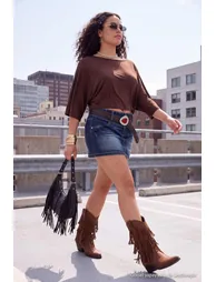 Brown Batwing Sleeve Soft Flowy Knitted Plus Size Blouse - 1