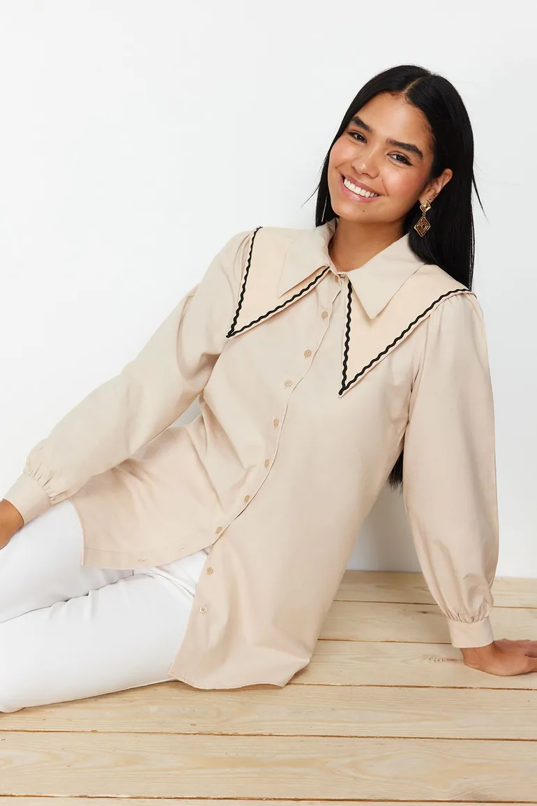 Stone Collar Detailed Cotton Woven Shirt
