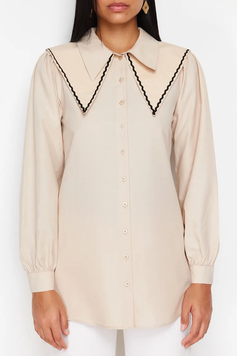 Stone Collar Detailed Cotton Woven Shirt - 3