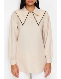 Stone Collar Detailed Cotton Woven Shirt - 3