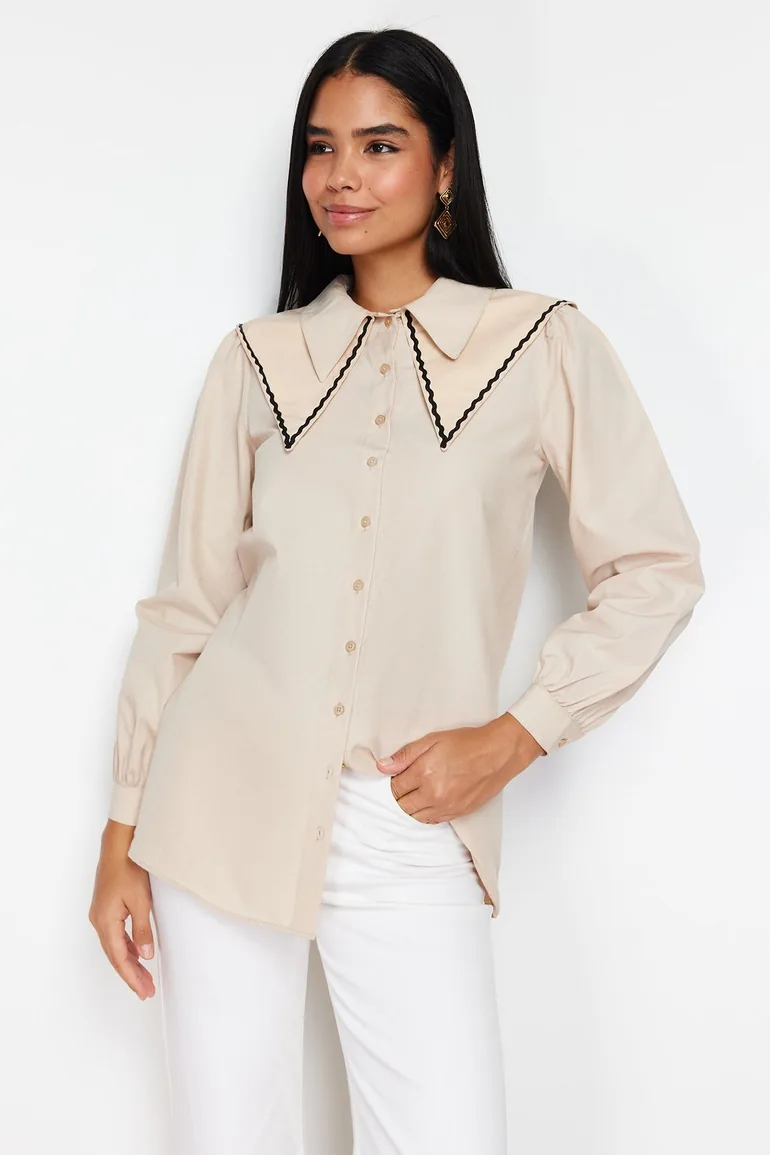 Stone Collar Detailed Cotton Woven Shirt - 2